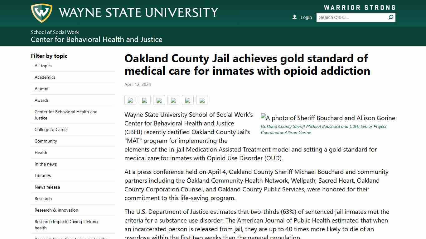 Oakland County Jail achieves gold standard of medical care for inmates with opioid addiction